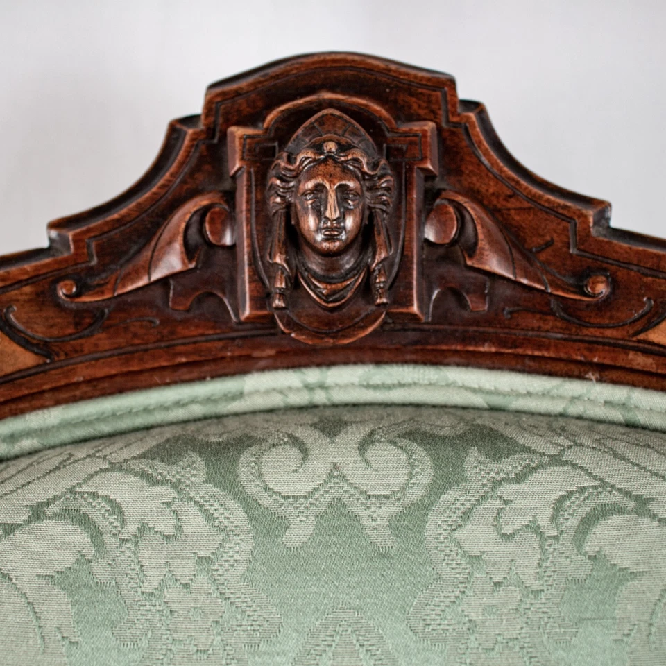 Дедушкин антикварный стул из красного дерева 1888-е красное дерево зеленый пейсли обивка ткань - Изображение 3 из 4