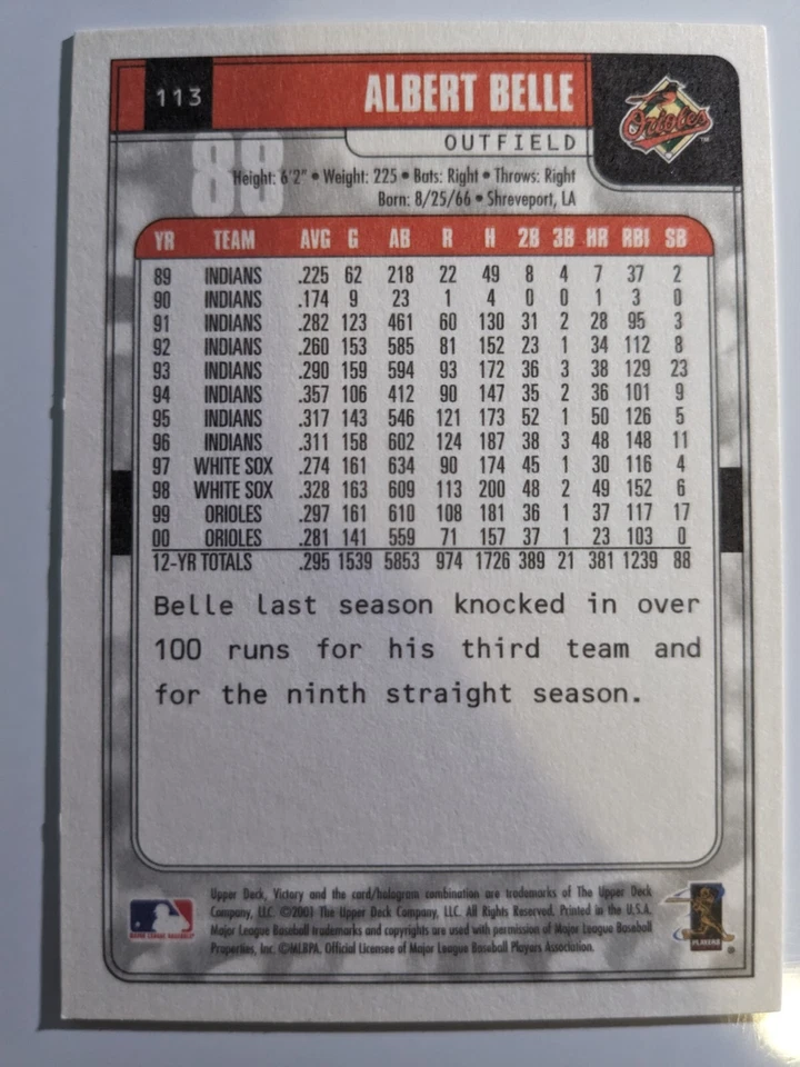 2001 Upper Deck Baseball Victory #113 Albert Belle - Image 2 of 3