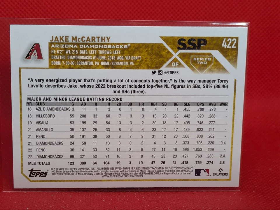 2023 Topps Series 2 SSP Golden Mirror - Jake McCarthy Diamondbacks - Image 2 of 2