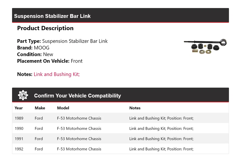 For 1989-1992 Ford F-53 Motorhome Chassis Suspension Stabilizer Bar Link MOOG - Image 2 of 4