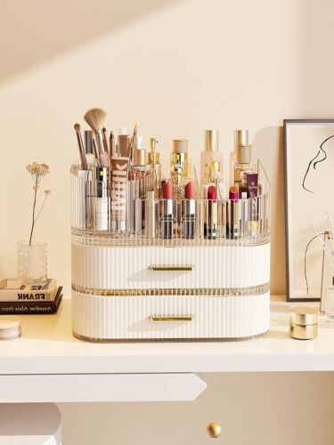 Rotating Makeup Organizer with Drawers, Bathroom Vanity Storage - Cream - Picture 5 of 9