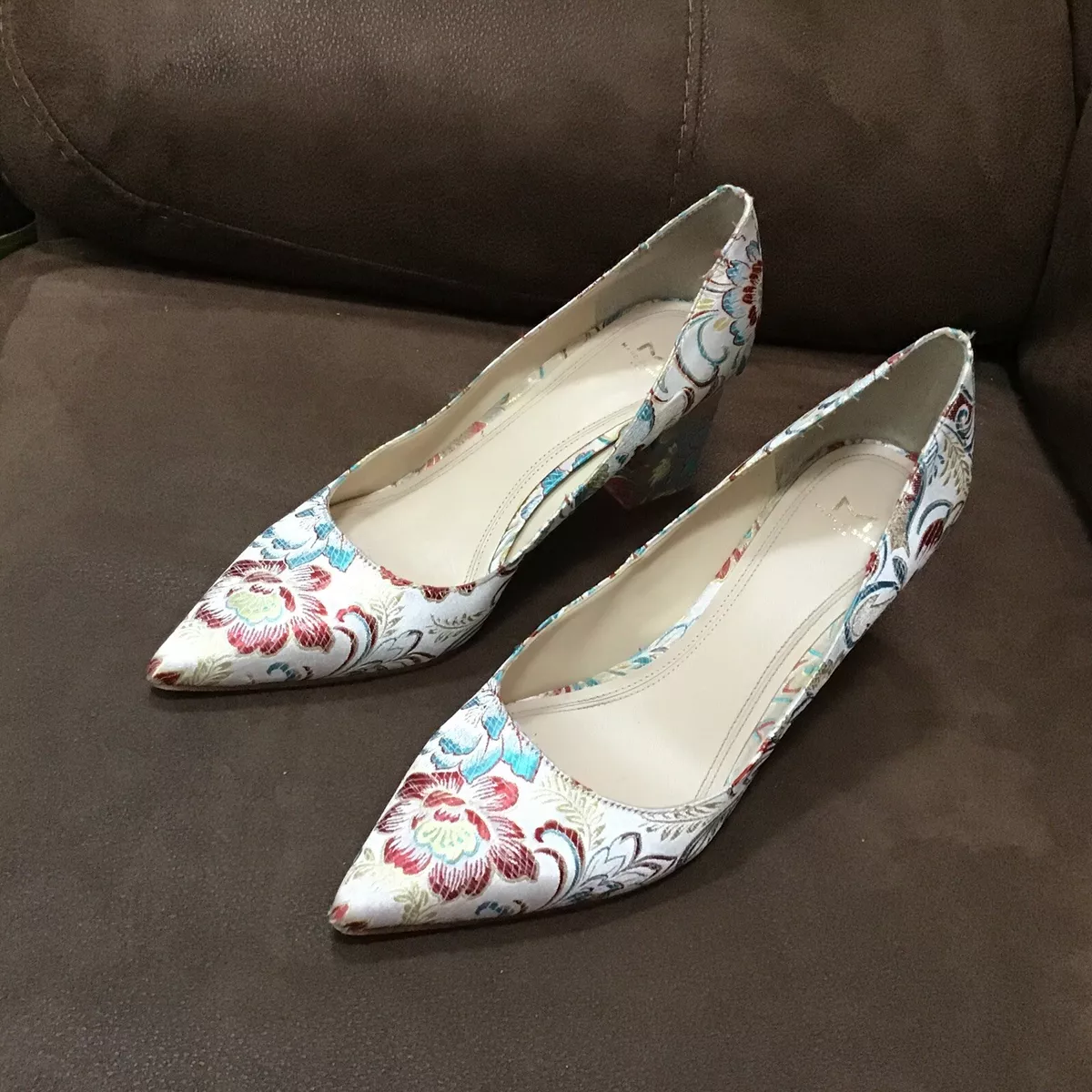 Marc Fisher Zala Floral Brocade Embroidered Pointy Toe Block Heel