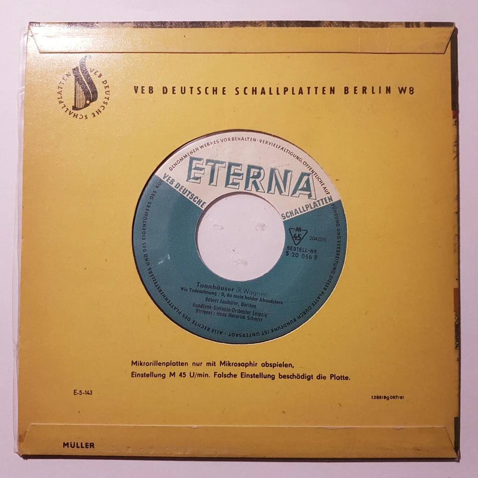 7" ROBERT LAUHÖFER TANNHÄUSER RICHARD WAGNER ETERNA 520056 VINYL SCHALLPLATTEN - Bild 2 von 2
