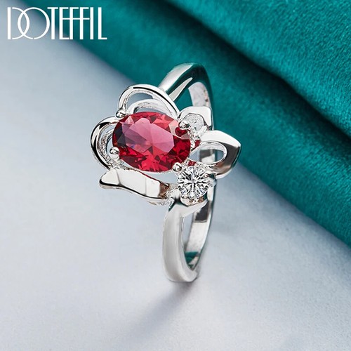 Anillo Redondo de Circón de Plata Esterlina 925 Rojo AAA Moda Dije Joyería - Imagen 3 de 7