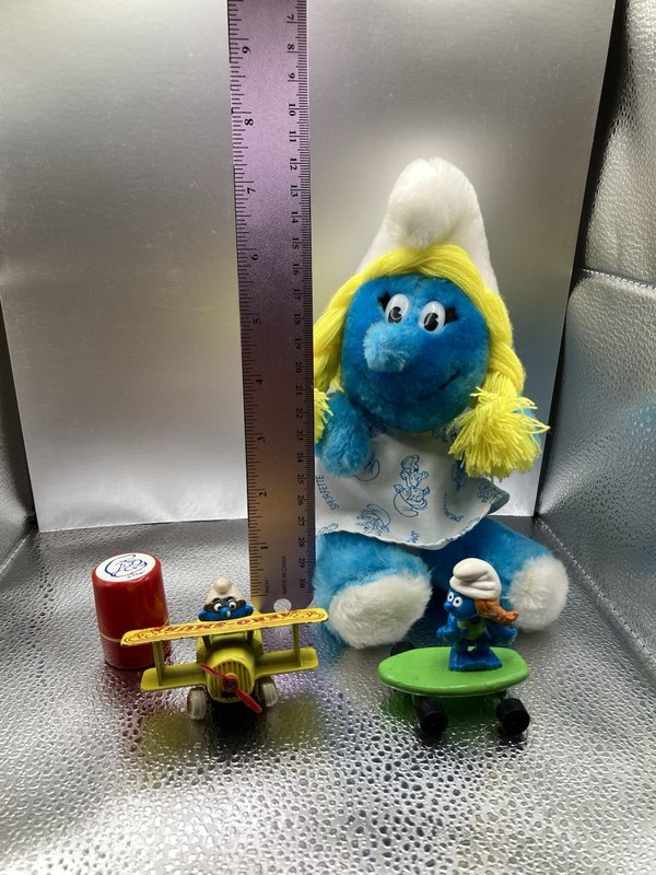 Vintage Smurf Lot: Smurfette Plush & Figure, Brainy In Plane And Papa Stamp