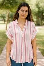 ALEXANDER JODAN PINK WHITE STRIPED V-NECK BUTTON UP SHIRT SIZE L