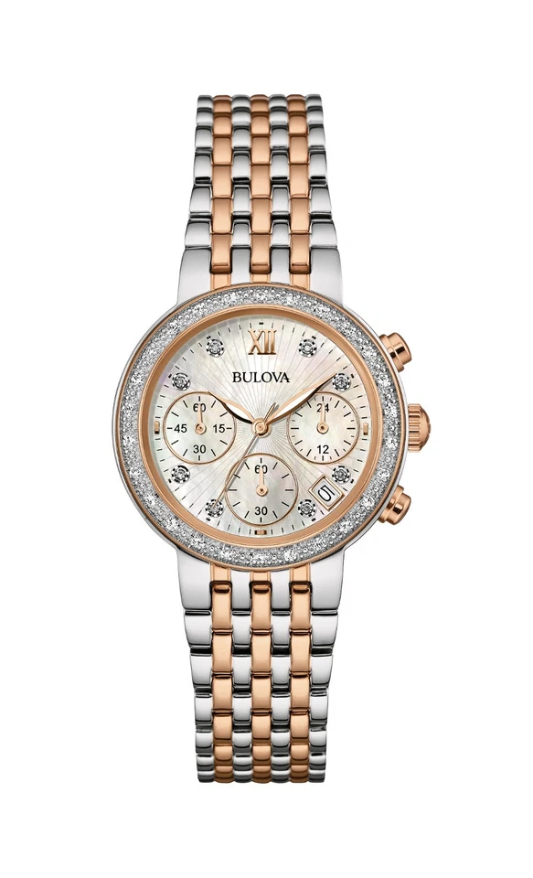 Bulova Women's Classic Chronograph Silver Rose Gold Quartz Watch 30MM 98R215