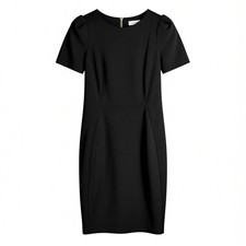 Women's Calvin Klein Black Pleated Sleeve Crewneck Sheath Dress Gold Zip LBD - 4