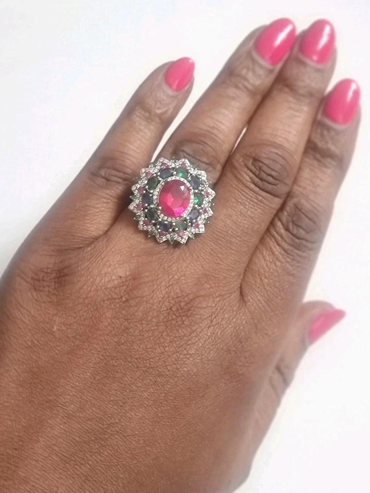 Anillo Talla Q Declaración Imitación Rubí Plateado Brillante Glamour Foto 2 de 4