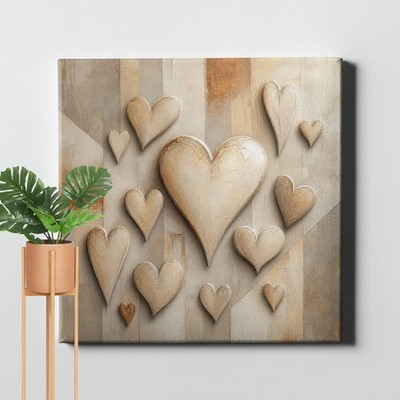 Textured Hearts Canvas Print Beige Abstract Impasto Romantic Decor