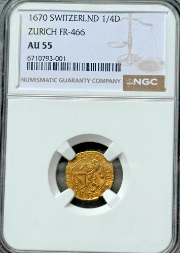 1670 SWITZERLAND, 1819  ZURICH GOLD 1/4 DUCAT COIN / TOKEN NGC AU 55