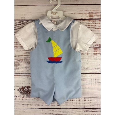 VTG Samara 2-Pc Romper Set Blue Overalls Sailboat Peter Pan Collar Boys 18-24 M