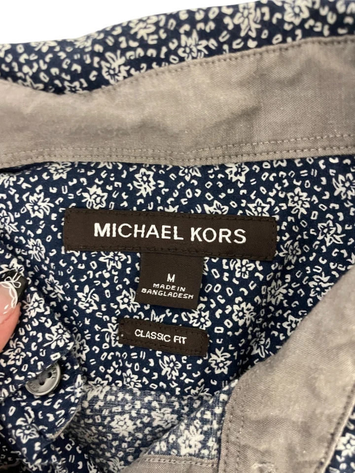 Camisa Michael Kors Abotonada Para Hombre M Calce Clásico Manga Larga Azul Estampado Floral Foto 3 de 4