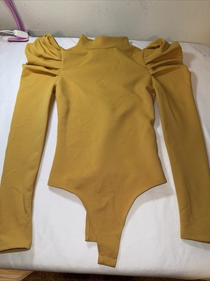 lil Bees Bohemian Mustard BodySuit Ribbed Puff Sleeves Women Size Small preppy