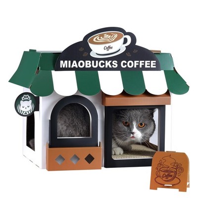 Coffee Shop Cardboard Cat House, Cat Hideout with Scratcher