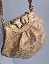 Vintage Cameo Clutch Purse Gold Brocade Evening Bag Brass Frame Handbag