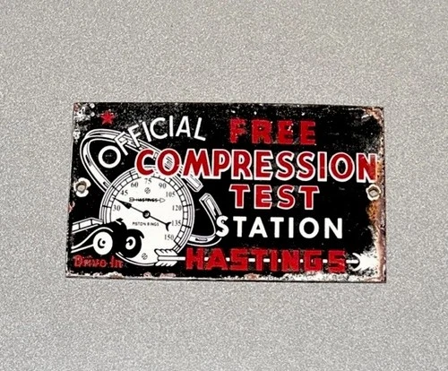 VINTAGE HASTINGS COMPRESSORS PORCELAIN SIGN CAR GAS OIL TRUCK MOTORCYCLE