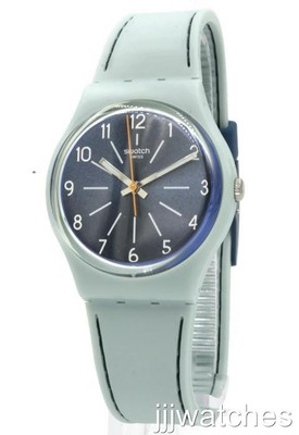 New Swiss Swatch Blue Stitches Light Teal Silicone Strap Watch 34mm GM184 $75