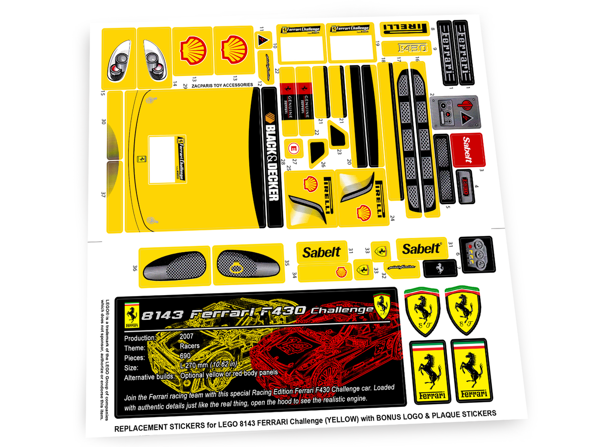 CUSTOM STICKERS for TOY Set 8143 Ferrari F430 Challenge Yellow