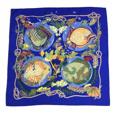 HERMES Scarf Carre 90 Grands Fonds Deep Sea Fish Silk Blue