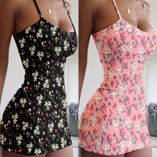 Women Sexy Bodycon Mini Dress Floral Print Spaghetti Strap Backless Party Casual