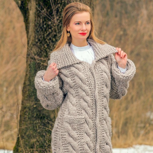 Beige wool cardigan long thick sweater hand knitted cable knit coat SUPERTANYA - Picture 11 of 12