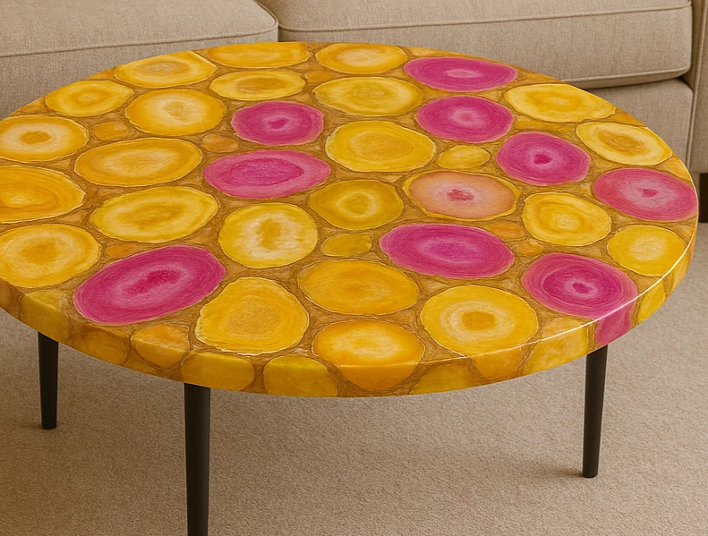 Luxury Yellow and Pink Agate Stone Table | Round Coffee Table for Living Room - Image 2 of 4