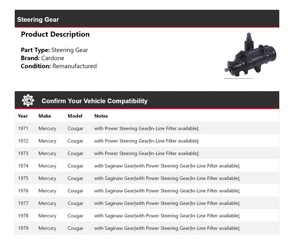 For 1971-1979 Mercury Cougar Steering Gear Cardone 1972 1973 1974 1975 1976 1977 - Image 2 of 4