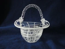 Art Glass Basket Vase With Handle Clear and White Lines Window Pane