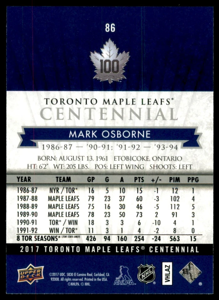 2017-18 Upper Deck Toronto Maple Leafs Centennial Base Mark Osborne #86 - Image 2 of 2