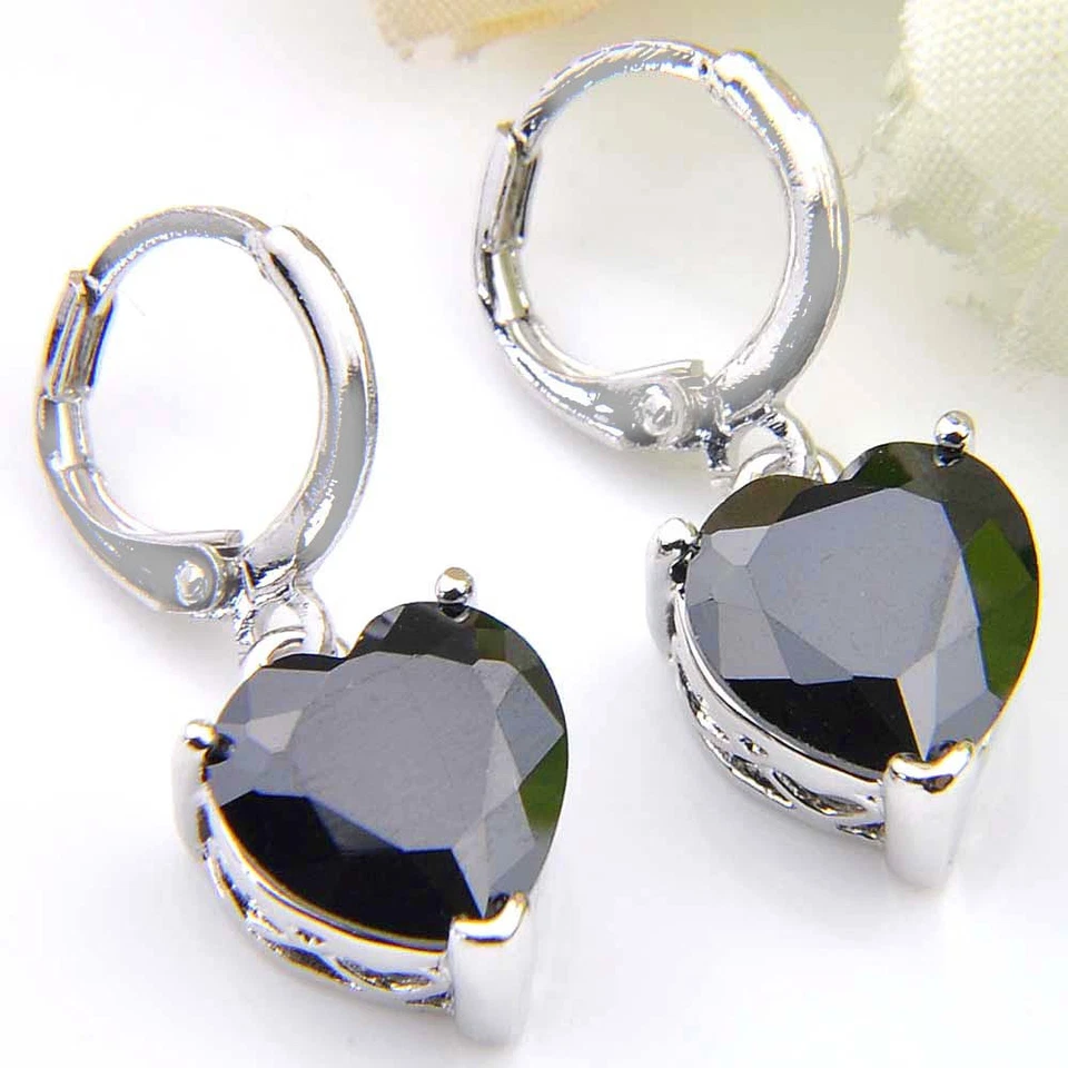 10MM Heart Shaped Natural Gemstone Black Onyx Silver Danlge Hook Earrings - Image 4 of 4