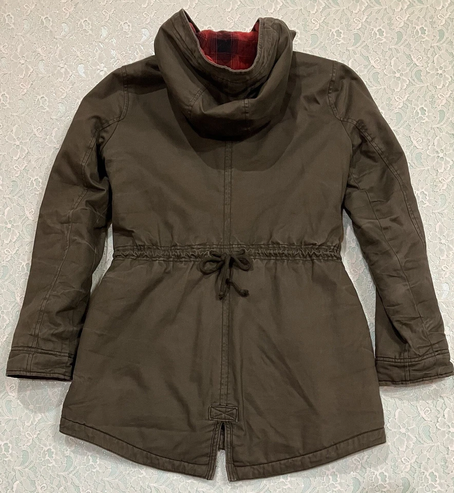 Womens Hollister Sz L Flannel Lined Hooded Coat Parka Button Zip Green Twilight - Image 2 of 4