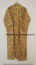 Women Pure Cotton Floral Rose Print Yellow Night Gown Sleepwear Boho Kimono Robe
