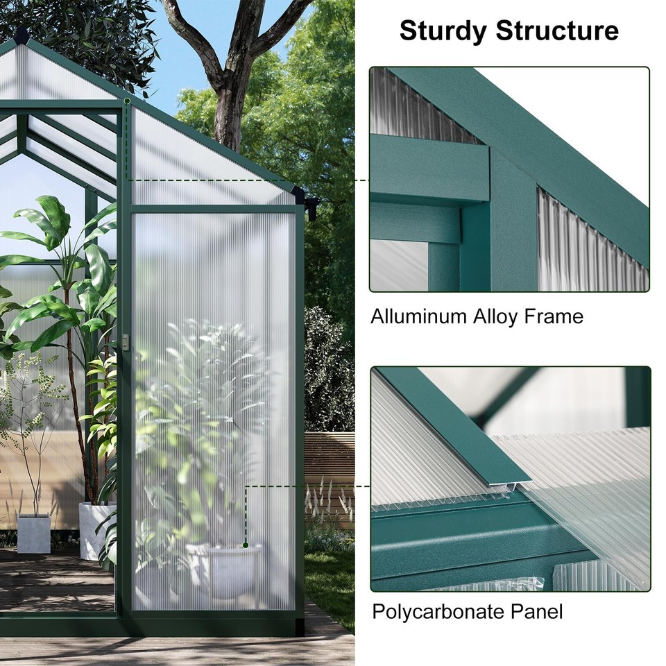 6x8 FT Polycarbonate Walkin Garden Greenhouse Kit w/ Sliding Door and