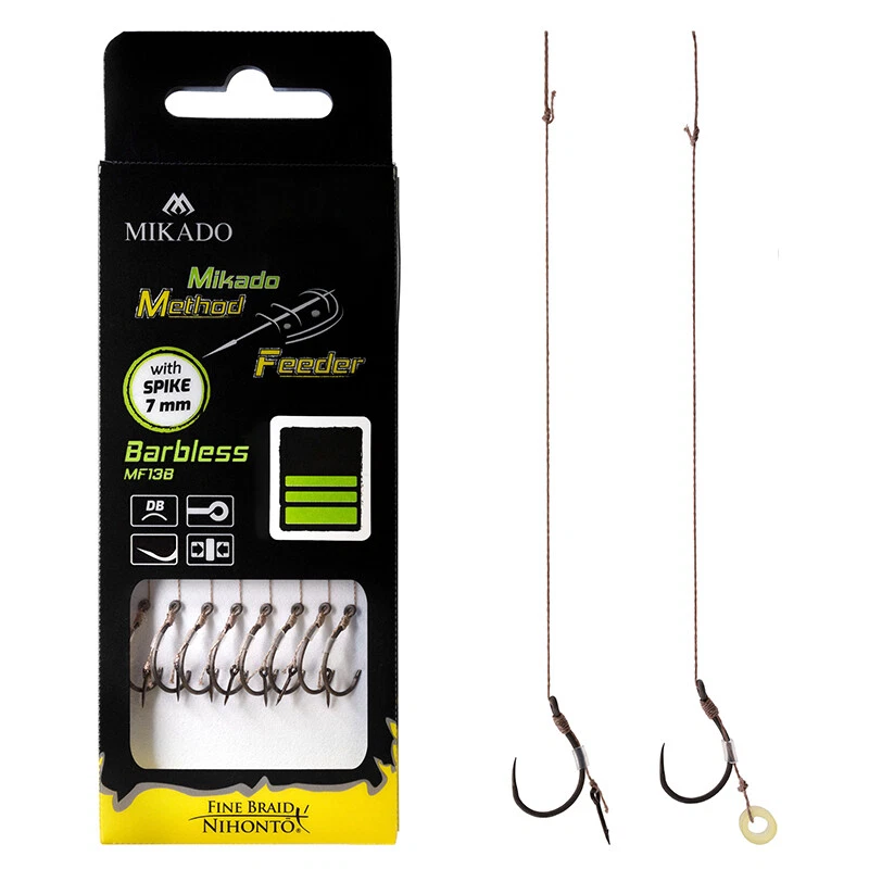 8 x MIKADO MF13B BARBLESS HAKEN METHOD-FEEDER RIG BRAIDED LINE LEADERS 10cm