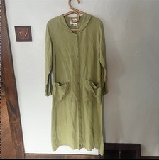 FLAX 100% Linen Green Button Down Dress 3/4 Sleeves Minimalist Modest Size XS