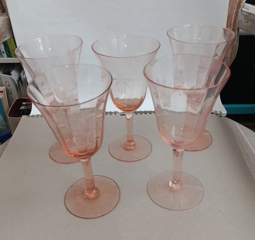 Set of 5 Vintage Pink Depression Glass Wine Glasses W/Cut Glass Design