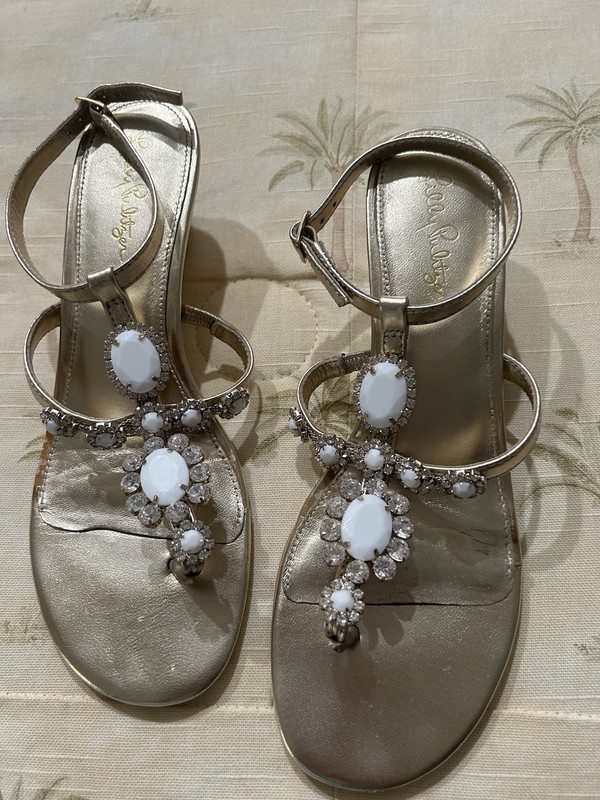 Lilly Pulitzer Katelyn Embellished Wedge Womens 8 Gold Metallic Sandals New
