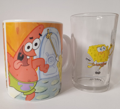 Spongebob Schwammkopf Trinkglas 2004  + Tasse 2007 Viacom Sammler