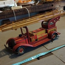 Camion Pompier Jouet Ancien Vehicule Tole Rouge Avec Grande Echelle