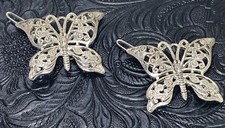 Pair Of Vintage Butterfly Hair Barrettes Very Detailed Silver Tone 1 1/2  EUC