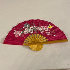 Vintage Wooden and Fabric Hand Fan Fold Up 1950-1960s Japan Floral - Antique