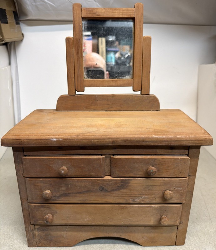ANTIQUE SALESMAN SAMPLE CHEST OF 5 DRAWERS DOLL FURNITURE DRESSER MIRROR