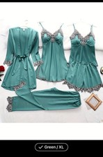 5PC Satin Pajama Set Lace Trim Robe Cami Shorts Pants Green size 12