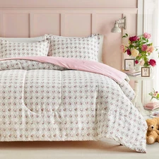 3Pcs Floral Cotton Comforter Set for Girls, Baroque Pink Design, Queen Size Soft