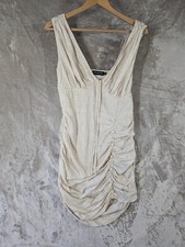 Pretty Little Thing Dress UK 12 Linen Blend Oatmeal Cream Ruched Asymmetric Mini