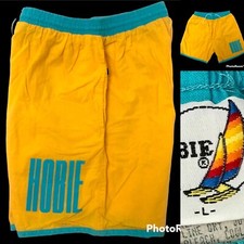 Vtg 80 90's HOBIE USA Neon Yellow Aqua Blue PUFFY LoGo SURF Surfer Beach Shorts