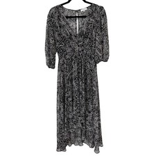 Calvin Klein Paisley Print Chiffon Maxi Dress Size 6 Black White Bohemian Hippie