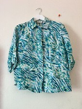 Chico's Womens Blue Green Tropical Print Linen-Blend Lightweight Jacket Size 1
