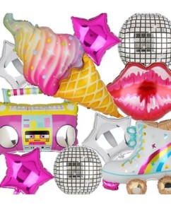 10 PCS Roller Skate &  Rainbow Balloons Boom Box Balloon, 22 Inch Foil Disco Hip